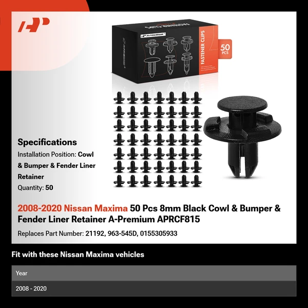 2008-2020 Nissan Maxima 50 Pcs 8mm Black Cowl & Bumper & Fender Liner Retainer A-Premium APRCF815