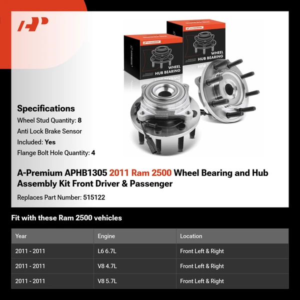 A-Premium APHB1305 2011 Ram 2500 Wheel Bearing and Hub Assembly Kit Front Driver & Passenger