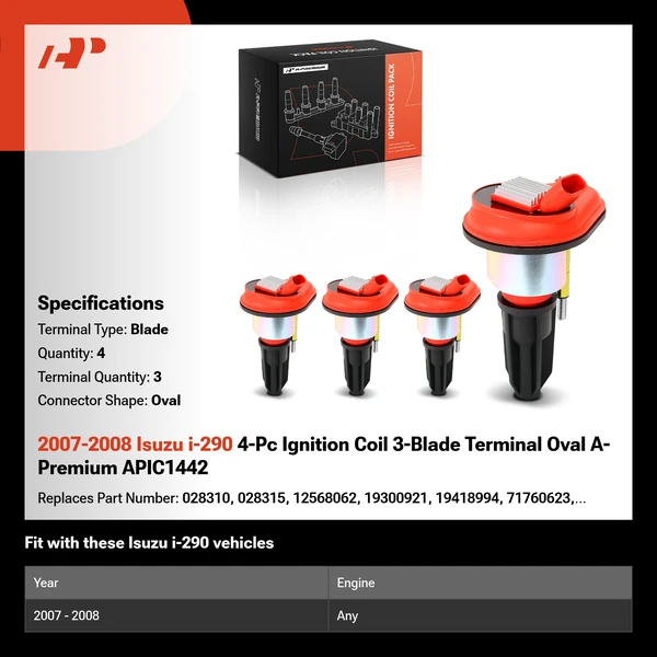 2007-2008 Isuzu i-290 4-Pc Ignition Coil 3-Blade Terminal Oval A-Premium APIC1442
