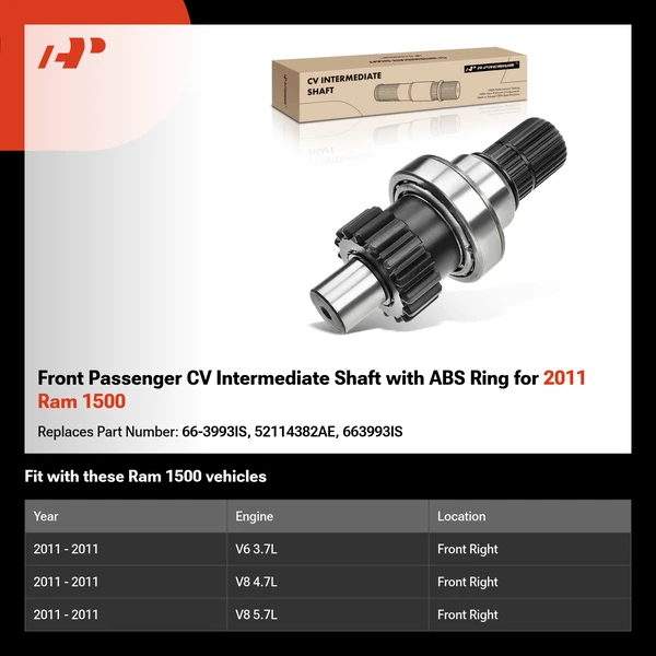 Front Passenger CV Intermediate Shaft with ABS Ring for 2011 Ram 1500