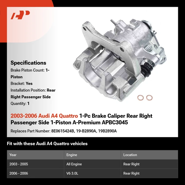 2003-2006 Audi A4 Quattro 1-Pc Brake Caliper Rear Right Passenger Side 1-Piston A-Premium APBC3045