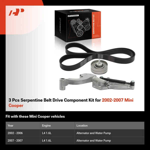 3 Pcs Serpentine Belt Drive Component Kit for 2002-2007 Mini Cooper