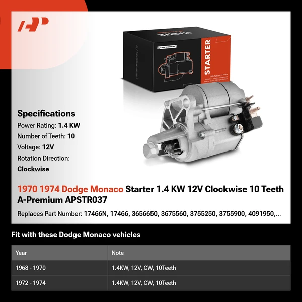 1970 1974 Dodge Monaco Starter 1.4 KW 12V Clockwise 10 Teeth A-Premium APSTR037