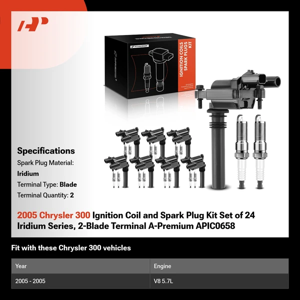 2005 Chrysler 300 Ignition Coil and Spark Plug Kit Set of 24 Iridium Series, 2-Blade Terminal A-Premium APIC0658