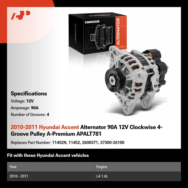 2010-2011 Hyundai Accent Alternator 90A 12V Clockwise 4-Groove Pulley A-Premium APALT781