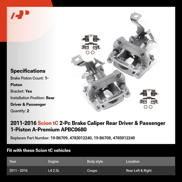 2011-2016 Scion tC 2-Pc Brake Caliper Rear Driver & Passenger 1-Piston A-Premium APBC0680