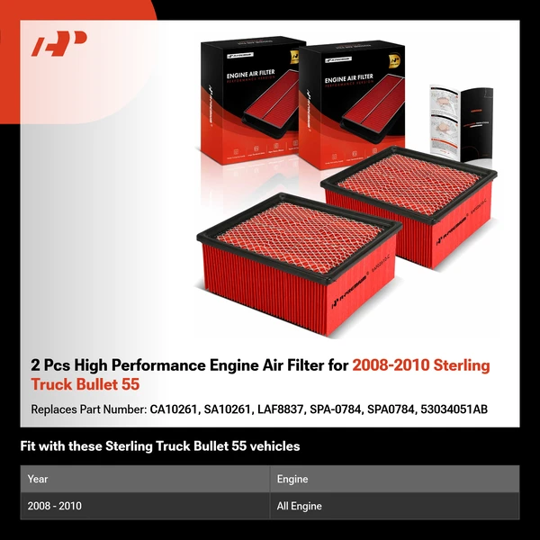 2 Pcs High Performance Engine Air Filter for 2008-2010 Sterling Truck Bullet 55