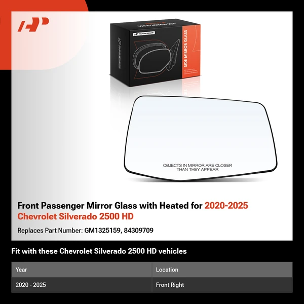 Front Passenger Mirror Glass with Heated for 2020-2025 Chevrolet Silverado 2500 HD