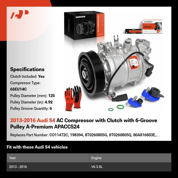 2013-2016 Audi S4 AC Compressor with Clutch with 6-Groove Pulley A-Premium APACC524