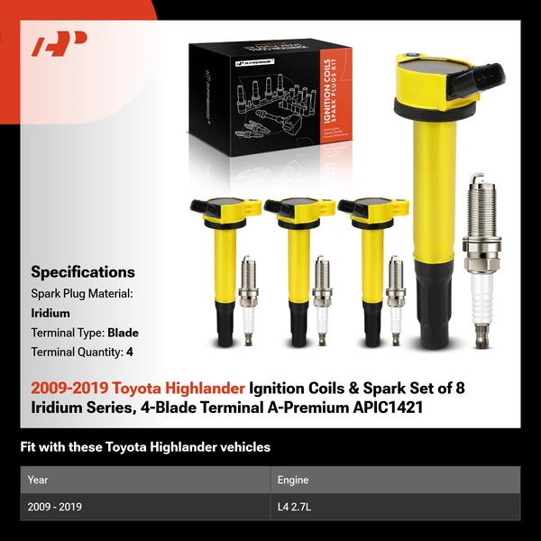 2009-2019 Toyota Highlander Ignition Coils & Spark Set of 8 Iridium Series, 4-Blade Terminal A-Premium APIC1421