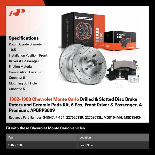 1982-1988 Chevrolet Monte Carlo Drilled & Slotted Disc Brake Rotors and Ceramic Pads Kit, 6 Pcs, Front Driver & Passenger, A-Premium, APBRPS809