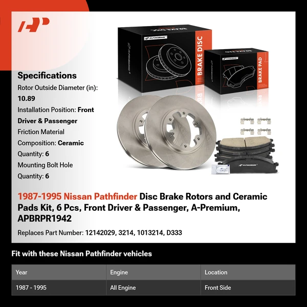 1987-1995 Nissan Pathfinder Disc Brake Rotors and Ceramic Pads Kit, 6 Pcs, Front Driver & Passenger, A-Premium, APBRPR1942