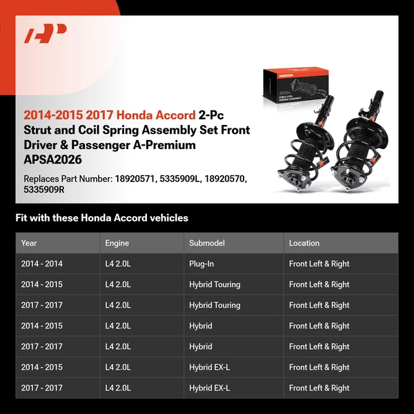 2014-2015 2017 Honda Accord 2-Pc Strut and Coil Spring Assembly Set Front Driver & Passenger A-Premium APSA2026