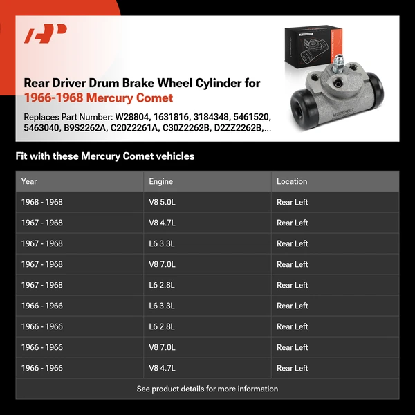 Rear Driver Drum Brake Wheel Cylinder for 1966-1968 Mercury Comet