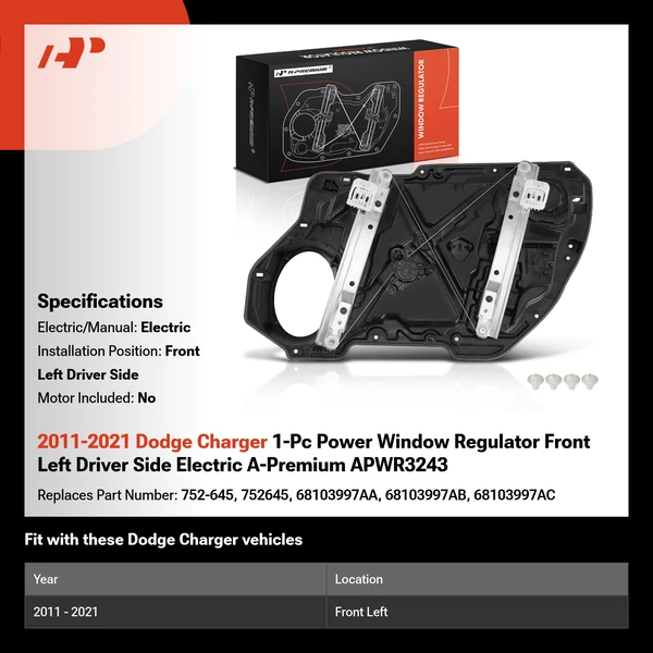 2011-2021 Dodge Charger 1-Pc Power Window Regulator Front Left Driver Side Electric A-Premium APWR3243