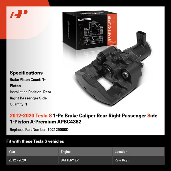 2012-2020 Tesla S 1-Pc Brake Caliper Rear Right Passenger Side 1-Piston A-Premium APBC4382