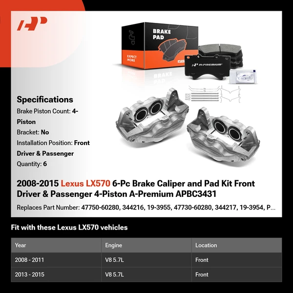 2008-2015 Lexus LX570 6-Pc Brake Caliper and Pad Kit Front Driver & Passenger 4-Piston A-Premium APBC3431