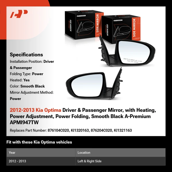 2012-2013 Kia Optima Driver & Passenger Mirror, with Heating, Power Adjustment, Power Folding, Smooth Black A-Premium APMI947TW