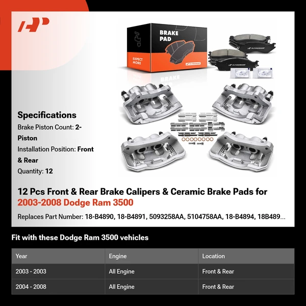 12 Pcs Front & Rear Brake Calipers & Ceramic Brake Pads for 2003-2008 Dodge Ram 3500