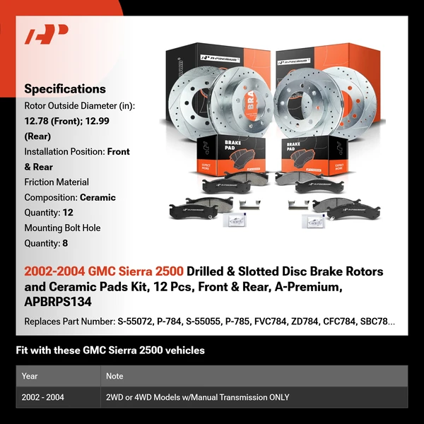 2002-2004 GMC Sierra 2500 Drilled & Slotted Disc Brake Rotors and Ceramic Pads Kit, 12 Pcs, Front & Rear, A-Premium, APBRPS134
