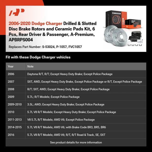 2006-2020 Dodge Charger Drilled & Slotted Disc Brake Rotors and Ceramic Pads Kit, 6 Pcs, Rear Driver & Passenger, A-Premium, APBRPS004