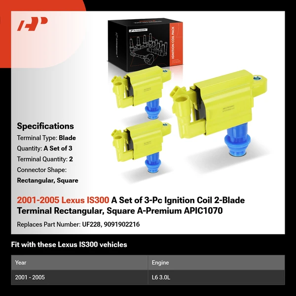 2001-2005 Lexus IS300 A Set of 3-Pc Ignition Coil 2-Blade Terminal Rectangular, Square A-Premium APIC1070