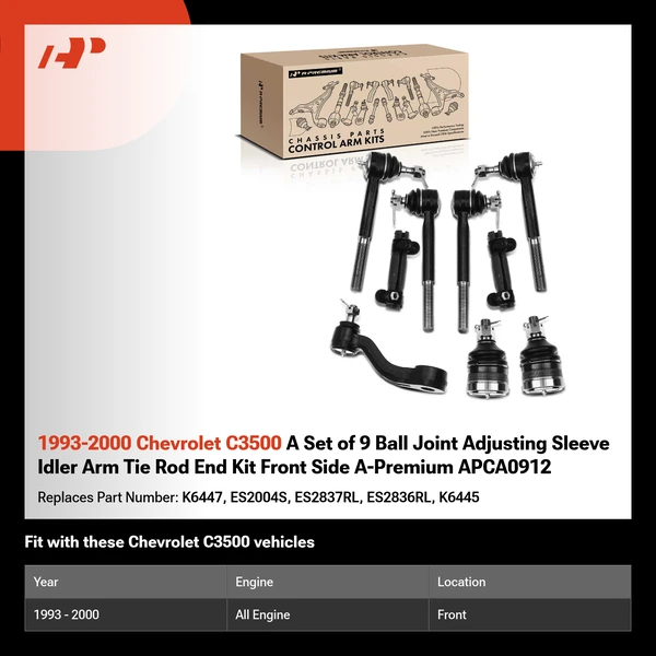 1993-2000 Chevrolet C3500 A Set of 9 Ball Joint Adjusting Sleeve Idler Arm Tie Rod End Kit Front Side A-Premium APCA0912