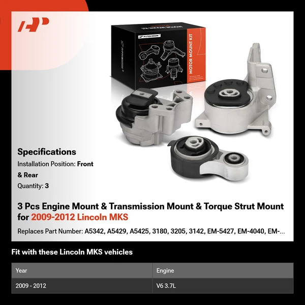 3 Pcs Engine Mount & Transmission Mount & Torque Strut Mount for 2009-2012 Lincoln MKS