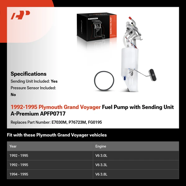 1992-1995 Plymouth Grand Voyager Fuel Pump with Sending Unit A-Premium APFP0717
