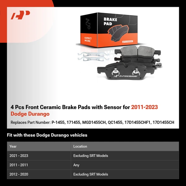 4 Pcs Front Ceramic Brake Pads with Sensor for 2011-2023 Dodge Durango