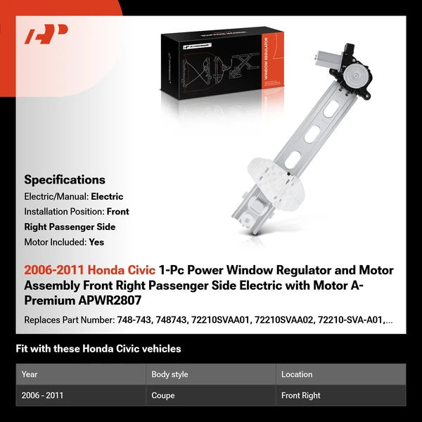 2006-2011 Honda Civic 1-Pc Power Window Regulator and Motor Assembly Front Right Passenger Side Electric with Motor A-Premium APWR2807