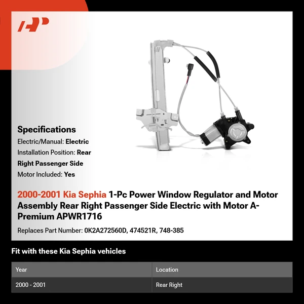 2000-2001 Kia Sephia 1-Pc Power Window Regulator and Motor Assembly Rear Right Passenger Side Electric with Motor A-Premium APWR1716
