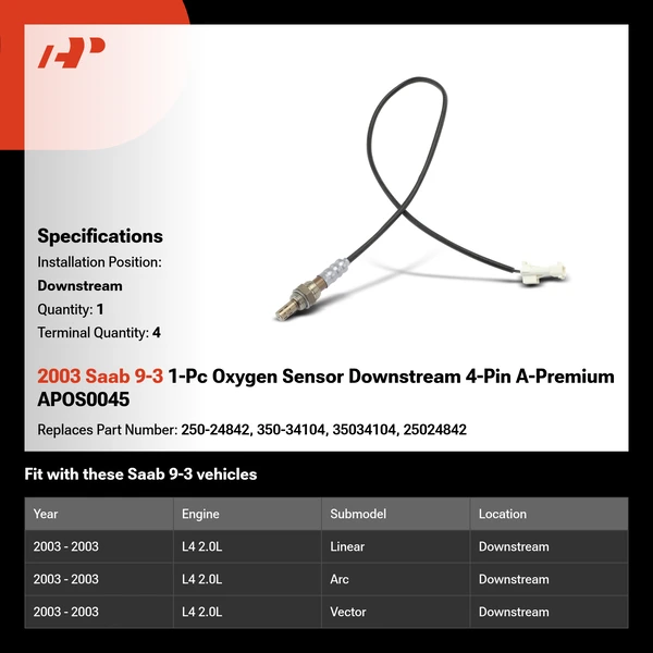 2003 Saab 9-3 1-Pc Oxygen Sensor Downstream 4-Pin A-Premium APOS0045