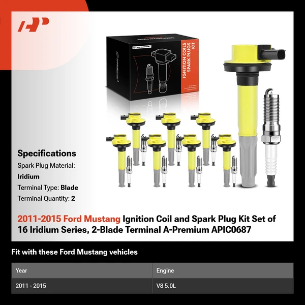 2011-2015 Ford Mustang Ignition Coil and Spark Plug Kit Set of 16 Iridium Series, 2-Blade Terminal A-Premium APIC0687