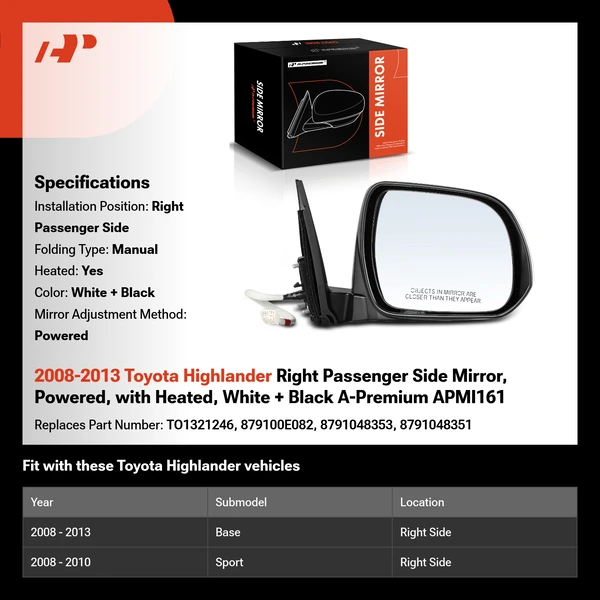 2008-2013 Toyota Highlander Right Passenger Side Mirror, Powered, with Heated, White + Black A-Premium APMI161