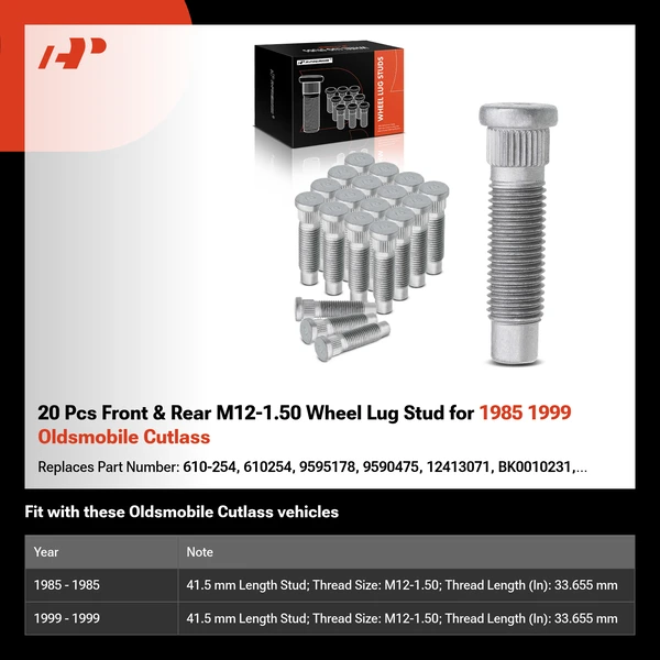 20 Pcs Front & Rear M12-1.50 Wheel Lug Stud for 1985 1999 Oldsmobile Cutlass
