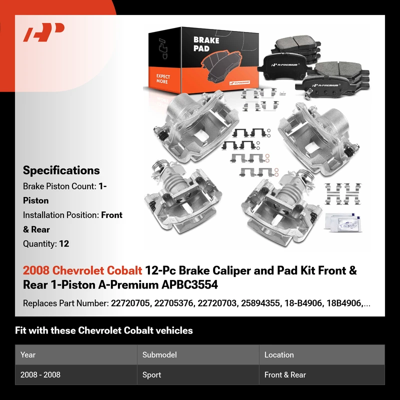 2008 Chevrolet Cobalt 12-Pc Brake Caliper and Pad Kit Front & Rear 1-Piston A-Premium APBC3554