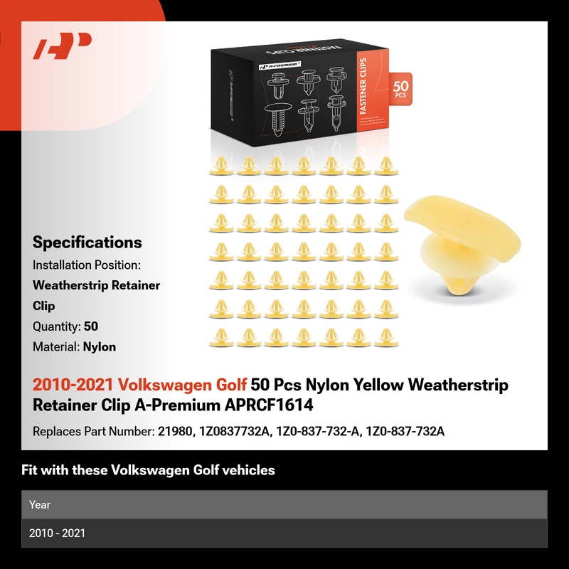 2010-2021 Volkswagen Golf 50 Pcs Nylon Yellow Weatherstrip Retainer Clip A-Premium APRCF1614