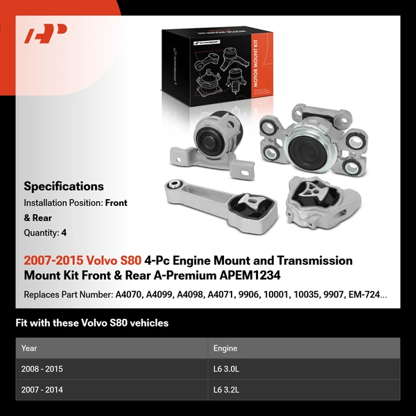 2007-2015 Volvo S80 4-Pc Engine Mount and Transmission Mount Kit Front & Rear A-Premium APEM1234