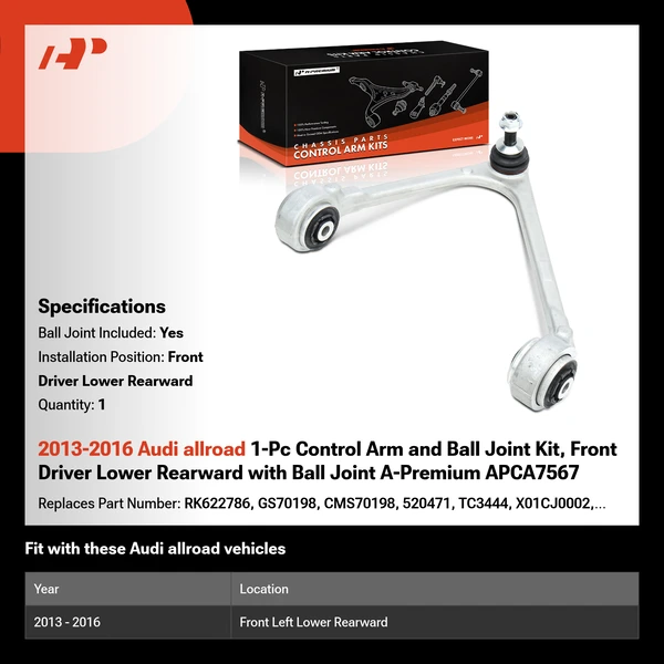 2013-2016 Audi allroad 1-Pc Control Arm and Ball Joint Kit, Front Driver Lower Rearward with Ball Joint A-Premium APCA7567