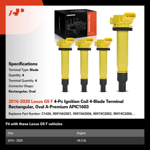 2016-2020 Lexus GS F 4-Pc Ignition Coil 4-Blade Terminal Rectangular, Oval A-Premium APIC1603