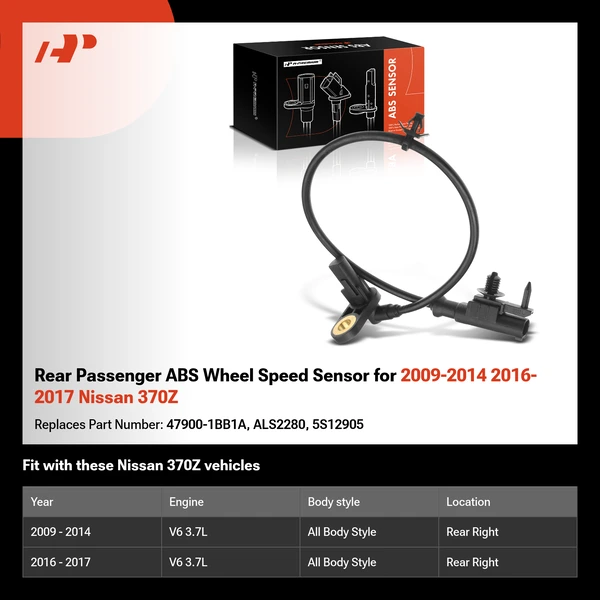 Rear Passenger ABS Wheel Speed Sensor for 2009-2014 2016-2017 Nissan 370Z