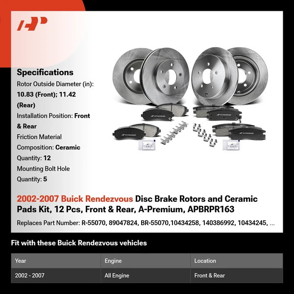 2002-2007 Buick Rendezvous Disc Brake Rotors and Ceramic Pads Kit, 12 Pcs, Front & Rear, A-Premium, APBRPR163