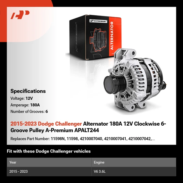 2015-2023 Dodge Challenger Alternator 180A 12V Clockwise 6-Groove Pulley A-Premium APALT244