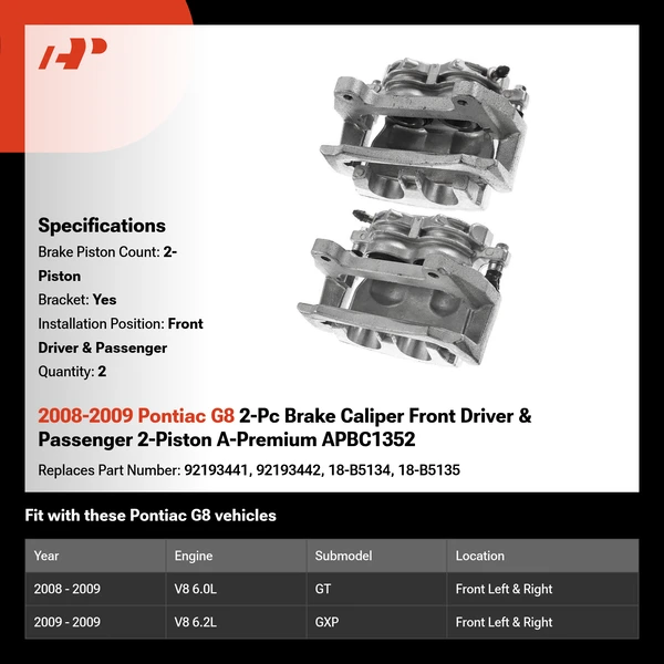 2008-2009 Pontiac G8 2-Pc Brake Caliper Front Driver & Passenger 2-Piston A-Premium APBC1352