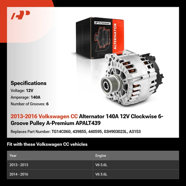 2013-2016 Volkswagen CC Alternator 140A 12V Clockwise 6-Groove Pulley A-Premium APALT439