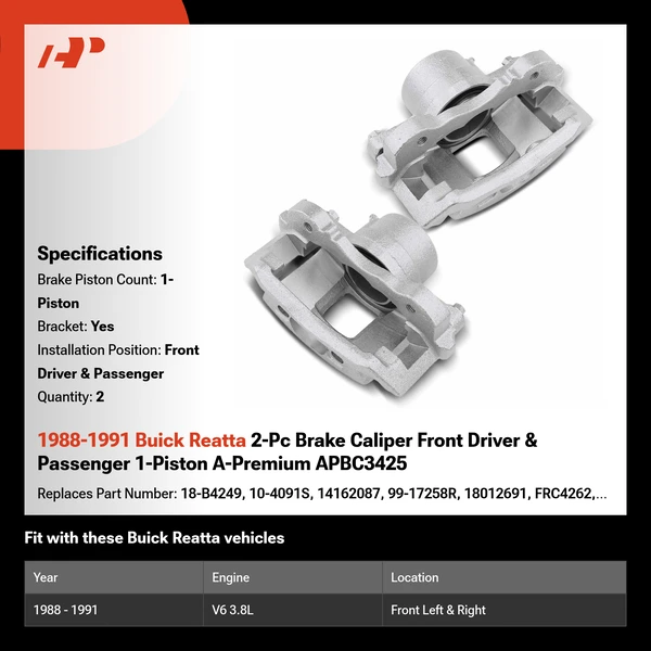 1988-1991 Buick Reatta 2-Pc Brake Caliper Front Driver & Passenger 1-Piston A-Premium APBC3425