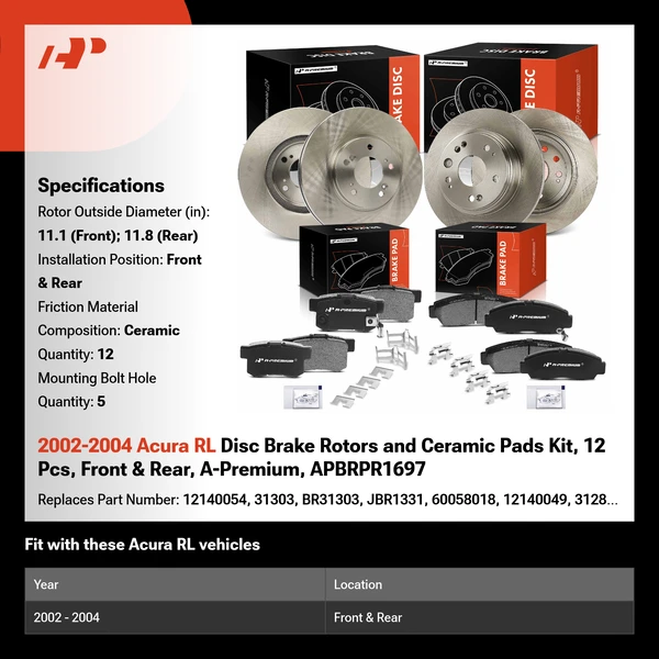2002-2004 Acura RL Disc Brake Rotors and Ceramic Pads Kit, 12 Pcs, Front & Rear, A-Premium, APBRPR1697