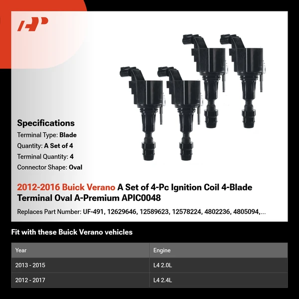 2012-2016 Buick Verano A Set of 4-Pc Ignition Coil 4-Blade Terminal Oval A-Premium APIC0048