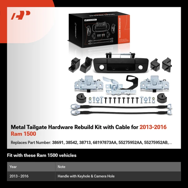 Metal Tailgate Hardware Rebuild Kit with Cable for 2013-2016 Ram 1500